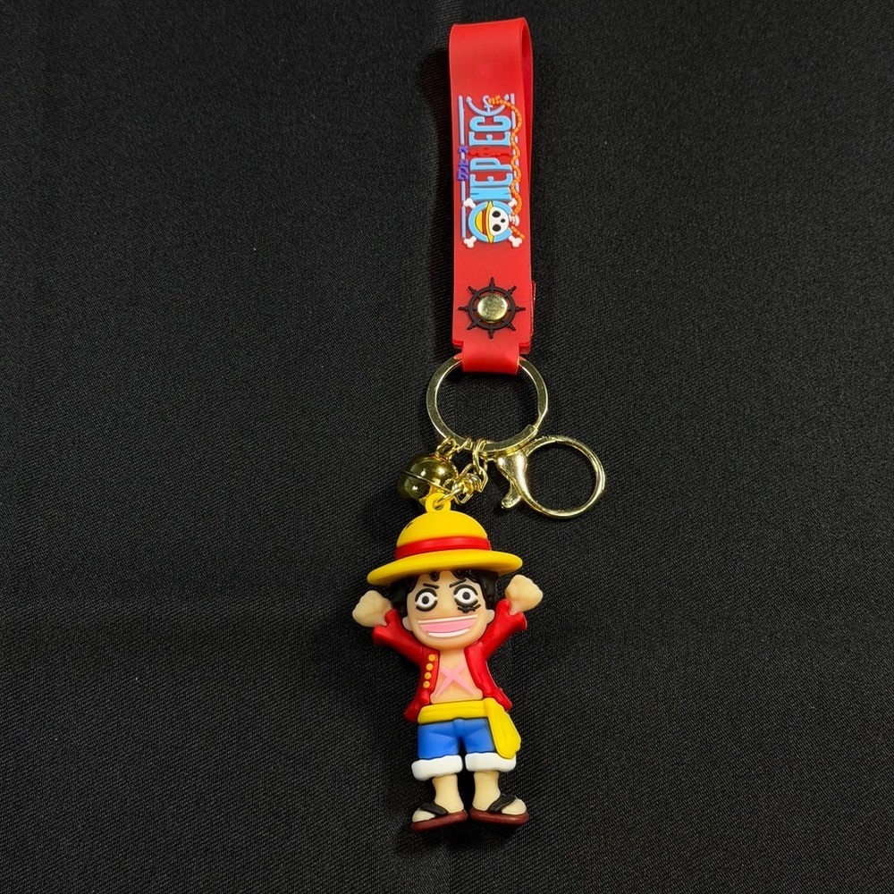 One Piece Luffy Keychain Anime Figure Red Strap Gold Bell Keyring
